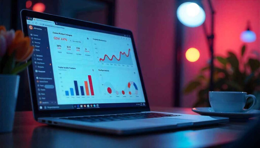 ChatGPT assisting a digital marketer with SEO tasks on a laptop showing keyword and analytics charts.