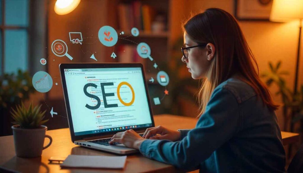 Blogger working on a laptop with SEO icons and highlighted keywords representing blog post optimization for search engines