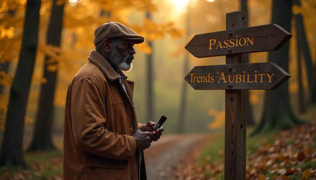 Person choosing blog topic direction based on passion, trends, and audience