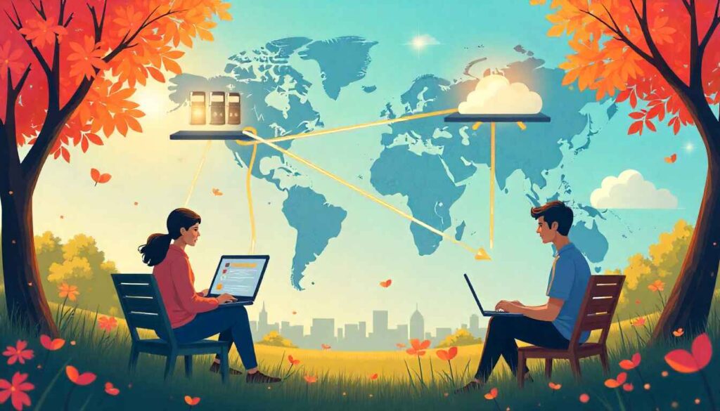 Illustration of a fast-loading website on desktop and mobile with speedometer, global servers, and happy users.