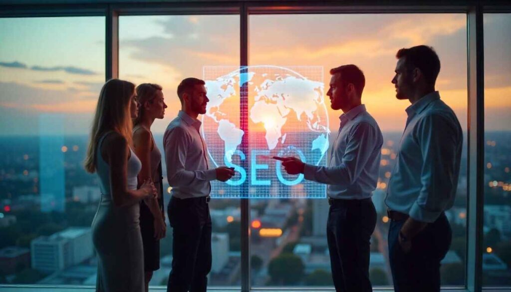 Digital map with GEO targeting pins and SEO search icons for online visibility in 2025