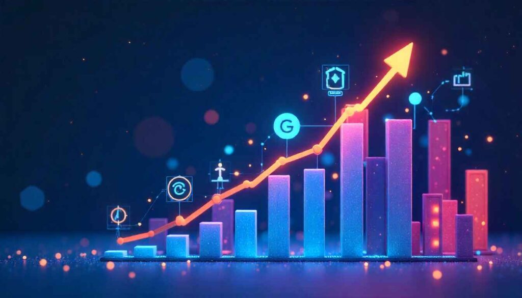 2025 Google ranking strategies visualized with SEO dashboard and rising performance charts.