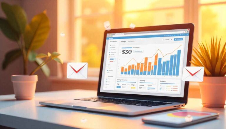 Illustration of a laptop displaying website analytics with rising traffic charts, surrounded by social media icons, SEO tags, and email marketing pop-ups – representing digital strategies to drive website traffic in 2025.