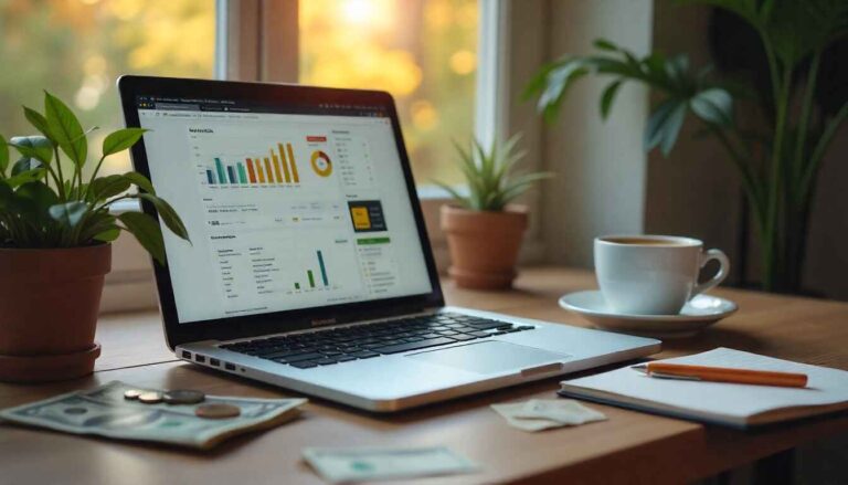 Home workspace setup showing how to earn $1000 from blogging with a laptop, coffee, and money on the desk