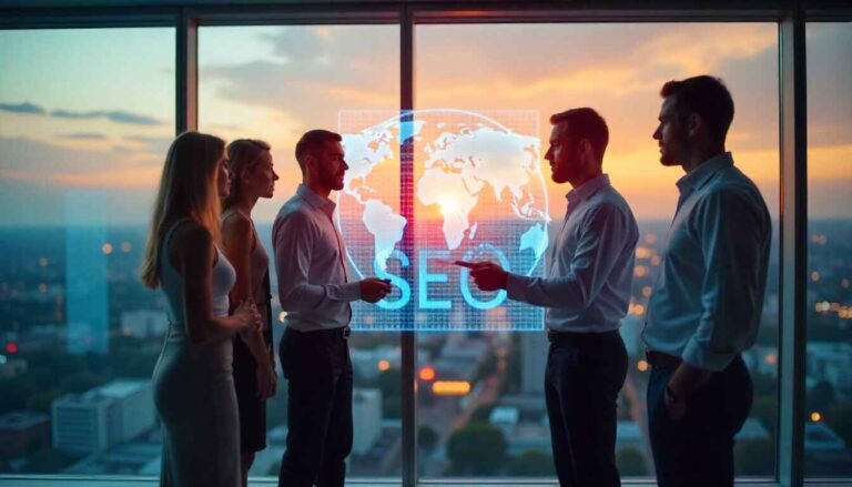 Business team planning GEO and SEO strategy for better online visibility in 2025