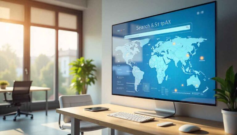 User working on a laptop with AI holograms representing Google AI Mode delivering smart answers.