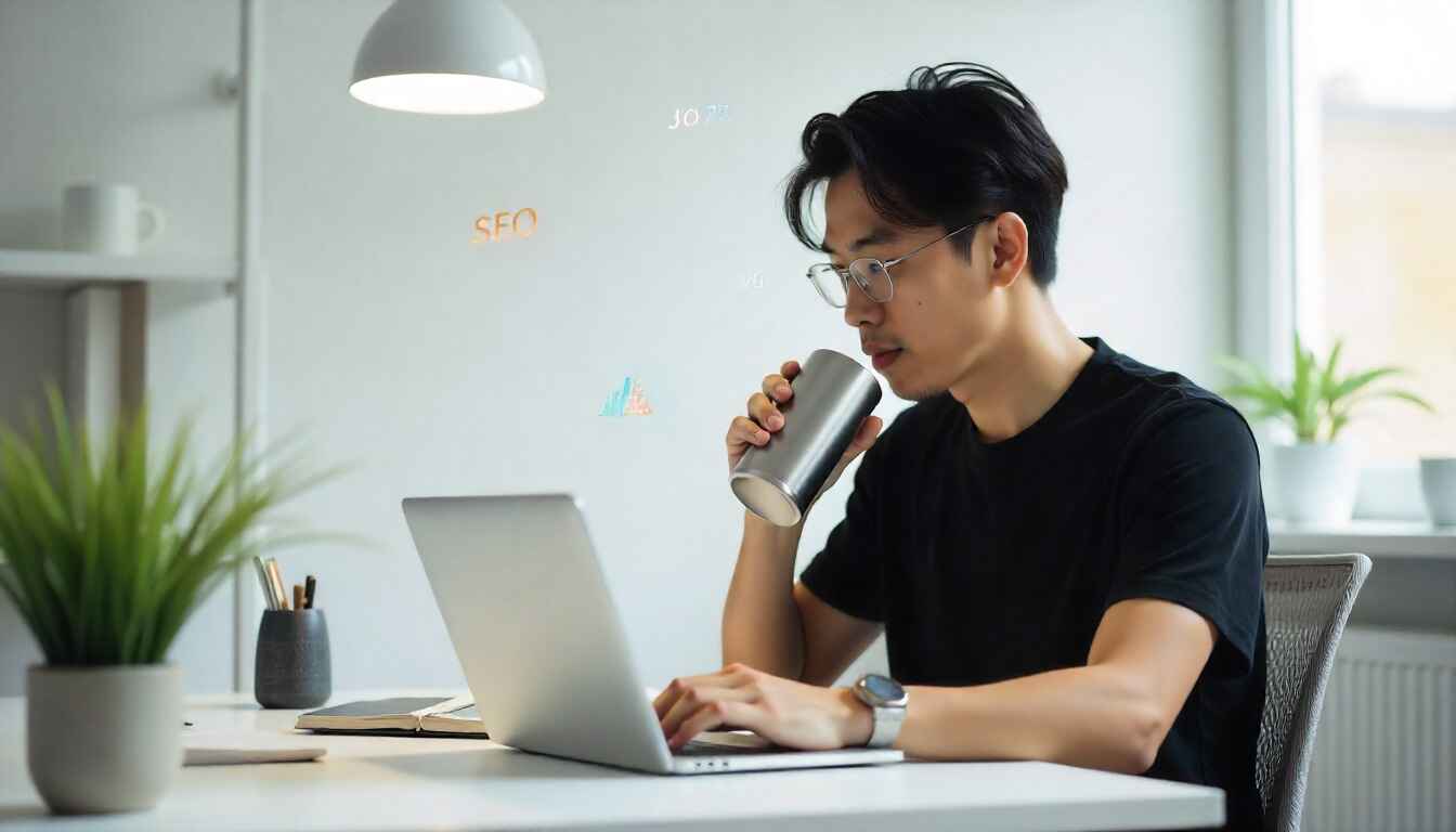 Blogger writing SEO-friendly blog with keyword and SEO icons in background.