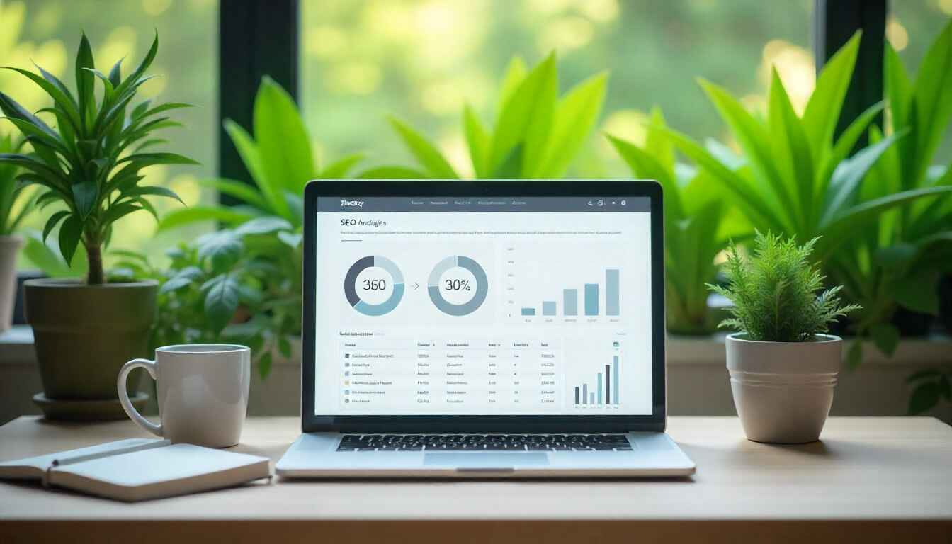 SEO strategy for higher Google rankings in 2025 with analytics and charts on a laptop.